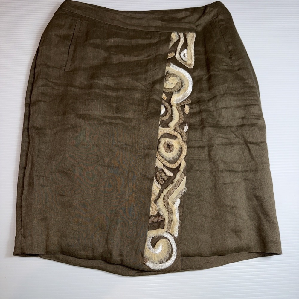 Piazza Sempione Women Green Tan Linen‎ Blend Skirt 42 US 6 Made In Italy